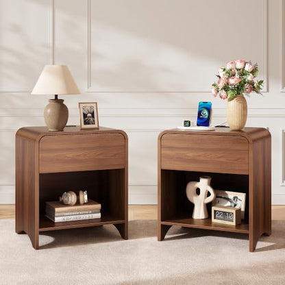 Decofy Walnut Nightstand Set of 2 with Built-In Charging Station, 1 Drawer, Modern Design