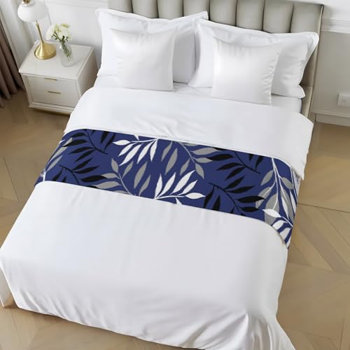 King Size Navy Blue Grey Botanical Bed Runner 94x20 Inches Tropical Foliage Decor