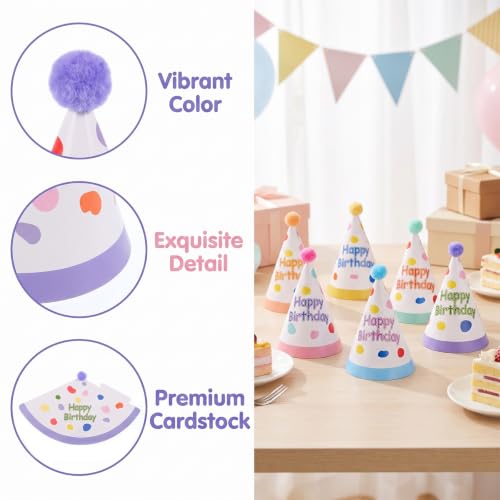 6 Pcs Colorful Birthday Hats for Adults with Fur Pom Poms - Party Supplies