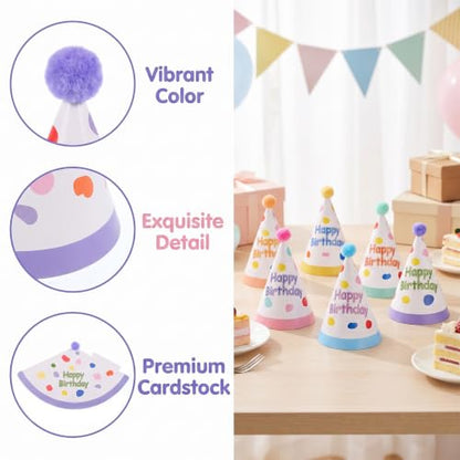 6 Pcs Colorful Birthday Hats for Adults with Fur Pom Poms - Party Supplies