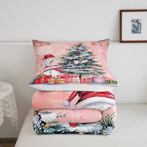 King Size Christmas Tree Comforter Set with Snowman & Santa Design - Pink Green White