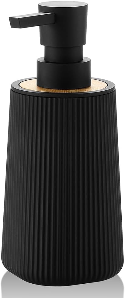 Skiennix Soap Dispenser - Modern Farmhouse Striped Design | Plastic Hand Soap Holder with Bamboo Accent - Black