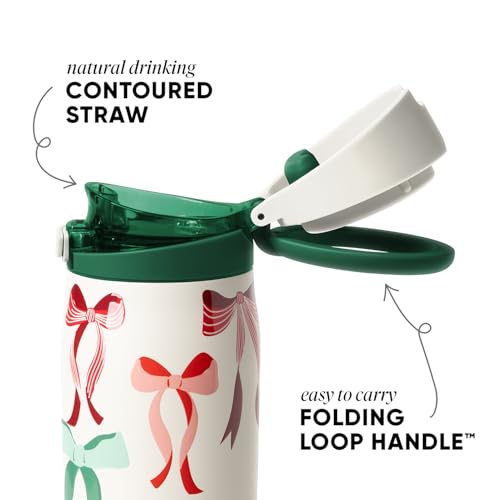 Christmas Water Bottle with Straw & Handle - 24oz Bow Design - Ribbon Wonderland Variation
