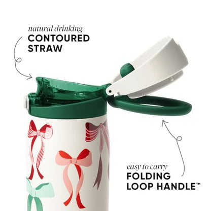 Christmas Water Bottle with Straw & Handle - 24oz Bow Design - Ribbon Wonderland Variation