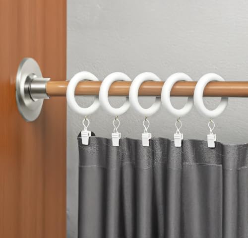 2 Inch Inner Diameter Wooden Curtain Rings with Clips - 12 Pack - White Farmhouse Style