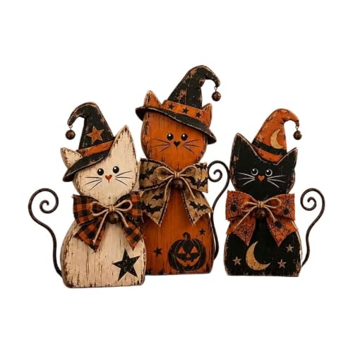Wooden Cat Halloween Decor Set - Rustic Farmhouse Kittens for Autumn