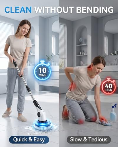 Electric Spin Scrubber Black - Cordless 3-Speed Shower Cleaner with Long Handle & 10 Brush Heads