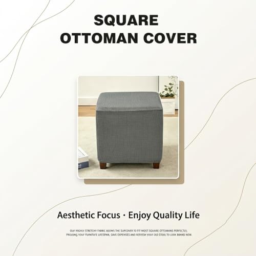 Navy Blue Stretch Jacquard Square Ottoman Cover - Washable Slipcover for 13-18 Inch Cube Footstools