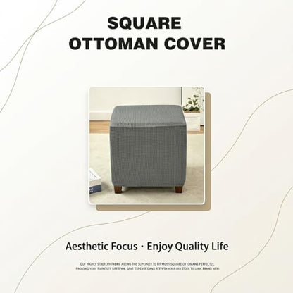 Navy Blue Stretch Jacquard Square Ottoman Cover - Washable Slipcover for 13-18 Inch Cube Footstools