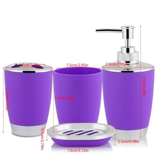 Purple 4-Piece Bathroom Accessories Set with Soap Dispenser and Toothbrush Holder