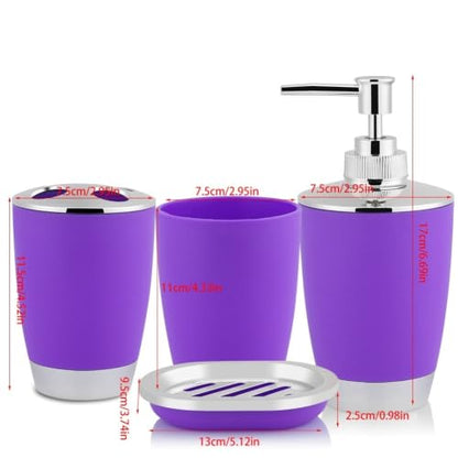 Purple 4-Piece Bathroom Accessories Set with Soap Dispenser and Toothbrush Holder