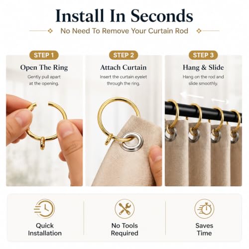 Black Gold C-Shaped Curtain Rings 1.25-inch 30-Pack for Rods