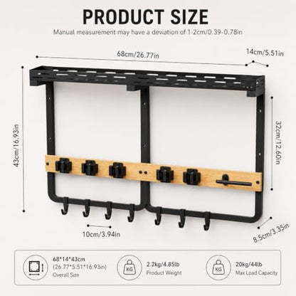 Wall Mount Broom and Mop Organizer with Shelf and Hooks for Laundry and Garage