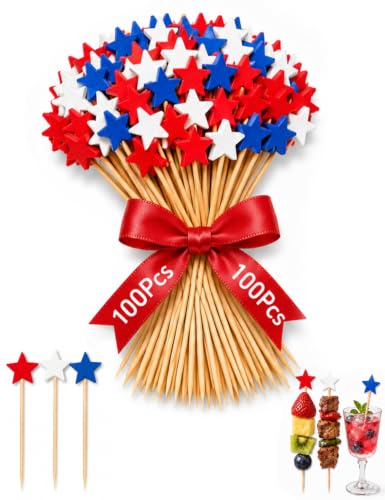 Red White Blue Star Cocktail Picks 100 Pcs - Patriotic Food & Drink Skewers