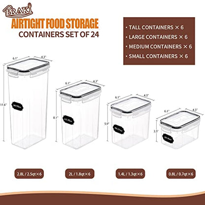 PRAKI Airtight Food Storage Containers Set with Lids - 24 PCS, BPA Free Kitchen and Pantry Organization, Plastic Leak-proof Canisters for Cereal Flour & Sugar - Labels & Marker