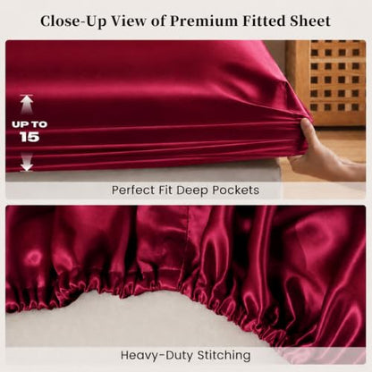 Queen Burgundy Satin Silk Fitted Sheet - 15 Inch Deep Pocket, All-around Elastic