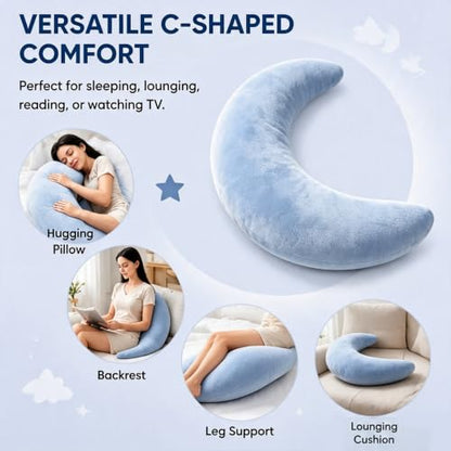 Moon Shaped Sleep Body Pillow Blue Oversized C-Shaped Support for Side Sleepers