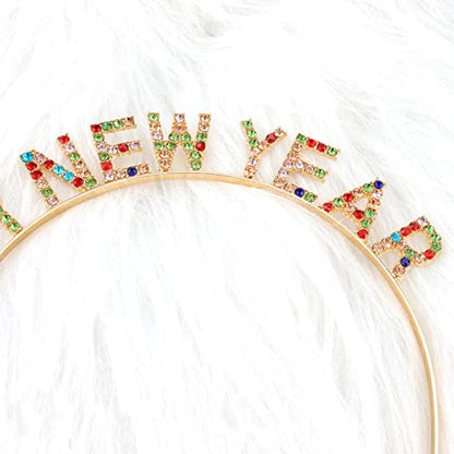Multi-Colored Rhinestone Happy New Year Headband - Christmas & Party Crown