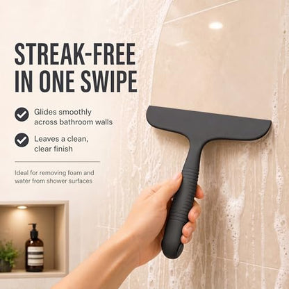 Black Silicone Shower Squeegee for Glass Doors with Built-In Hook