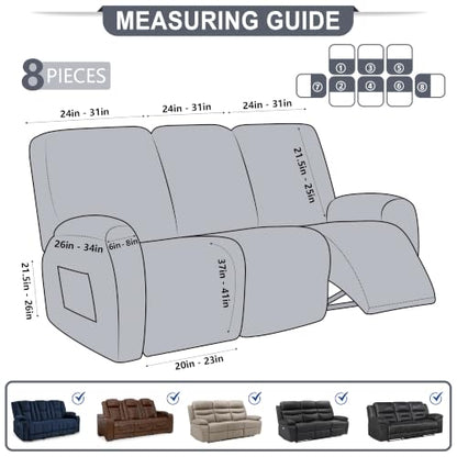 Leather Look Recliner Couch Cover 8-Piece Set for 3 Seater - Coffee Brown