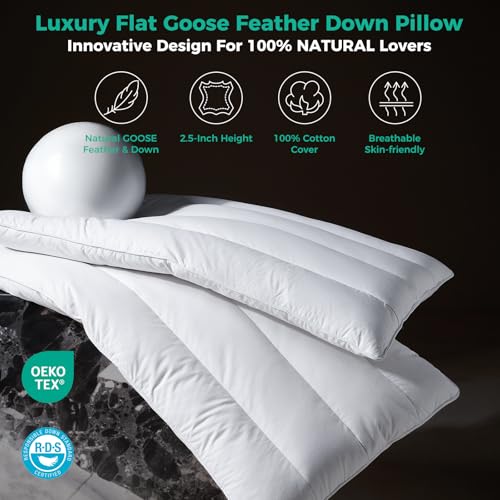 Solid White Goose Down Pillow Set of 2 - 2.5 Inch Thickness, Organic Cotton Cover, Medium Firm Hotel Collection Slim Bed Pillows