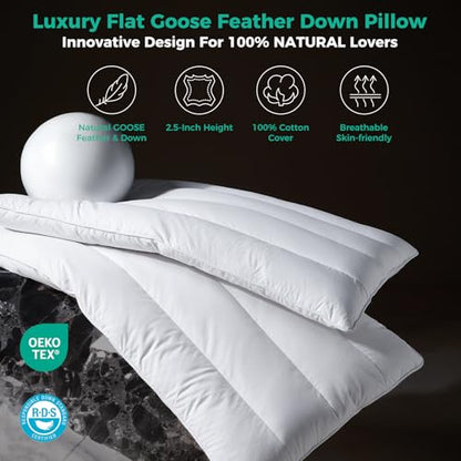 Solid White Goose Down Pillow Set of 2 - 2.5 Inch Thickness, Organic Cotton Cover, Medium Firm Hotel Collection Slim Bed Pillows