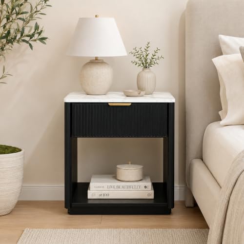 23.1-Inch Wide Fluted Nightstand with Drawer & Open Shelf, Black Finish