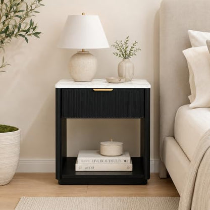 23.1-Inch Wide Fluted Nightstand with Drawer & Open Shelf, Black Finish