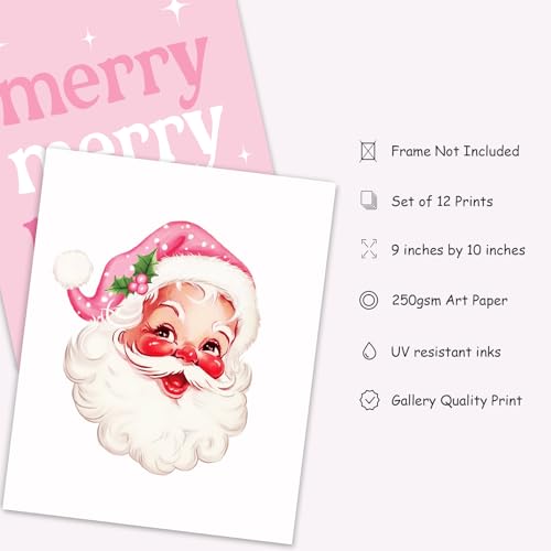 Set of 12 Pink Christmas Wall Art Prints - Holiday Holiday Decor, Snowman Santa Tree