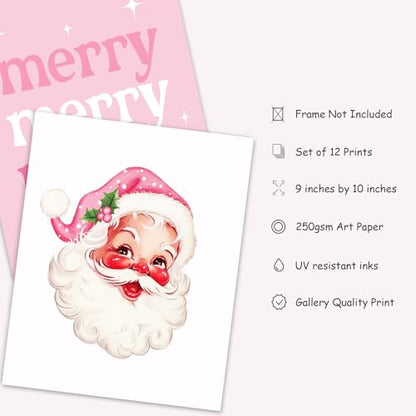 Set of 12 Pink Christmas Wall Art Prints - Holiday Holiday Decor, Snowman Santa Tree