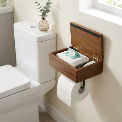 Acacia Wood Toilet Paper Holder with Hidden Storage Shelf