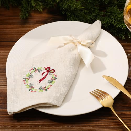 White Christmas Linen Napkins Set of 6 - Embroidered Wreath Holiday Table Decor