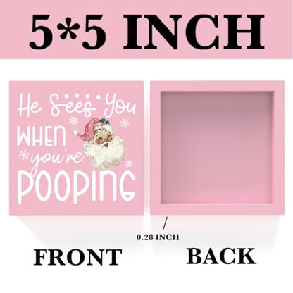 Pink Christmas Bathroom Decor - Xmas Shelf Sign with Santa Hat - Farmhouse Office Bedroom