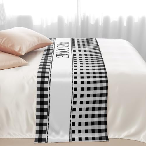 Queen Size Satin Bed Runner Scarf 83x20 Inches - Black White Buffalo Check