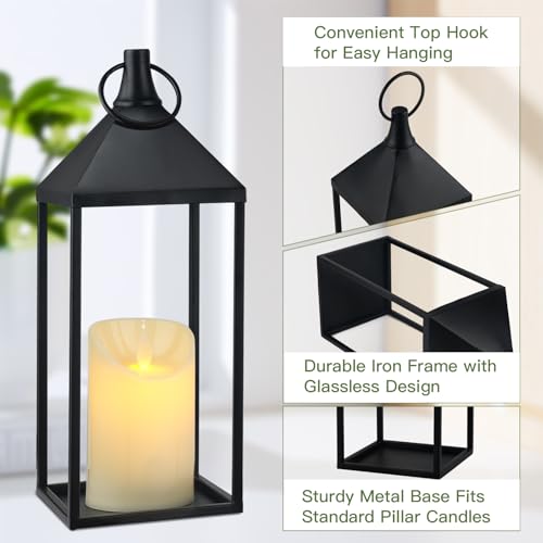 17" & 13" Modern Farmhouse Candle Lantern Decor Set - Black Metal Flameless Indoor & Outdoor Lanterns