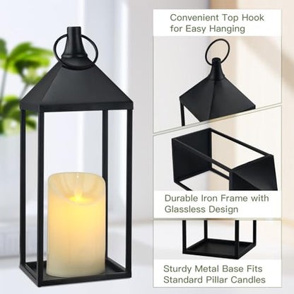 17" & 13" Modern Farmhouse Candle Lantern Decor Set - Black Metal Flameless Indoor & Outdoor Lanterns