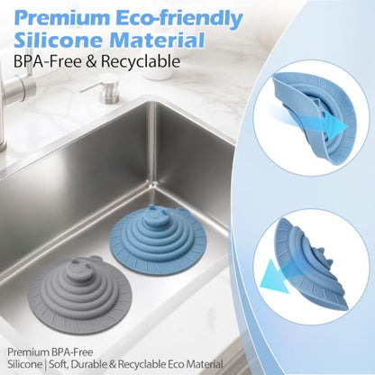 Blue & Grey 2 Pack Universal Silicone Drain Stopper - 6 Inch Multi-Use Sink & Floor Cover