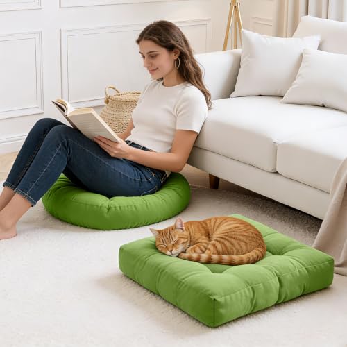 Green Large Round and Square Floor Cushion Set of 2 - Meditation & Lounge Pillows