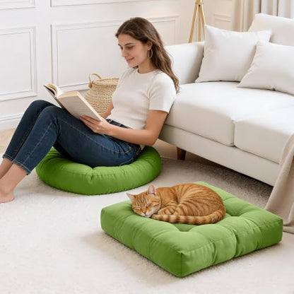 Green Large Round and Square Floor Cushion Set of 2 - Meditation & Lounge Pillows