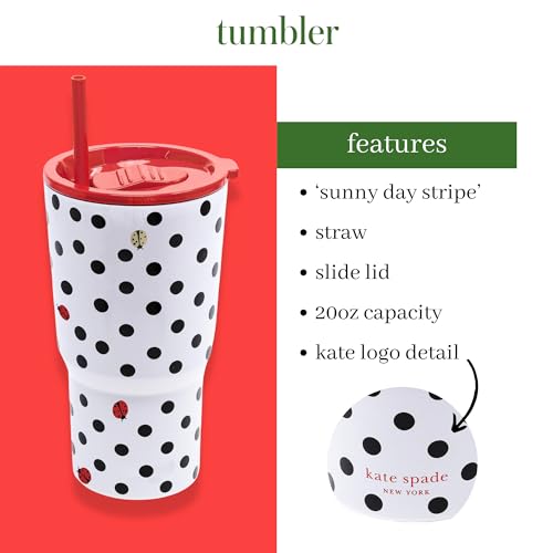 Kate Spade New York 20 Ounce Insulated Tumbler for Cold and Hot Drinks with Reusable Straw, Stainless Steel Travel Cup with Slide Top Lid, Ladybug Dot