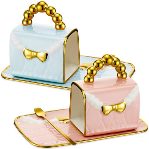 Pink and Blue Handbag-Shaped Ceramic Coffee Mug Set with Saucers and Spoons - 2 Pieces