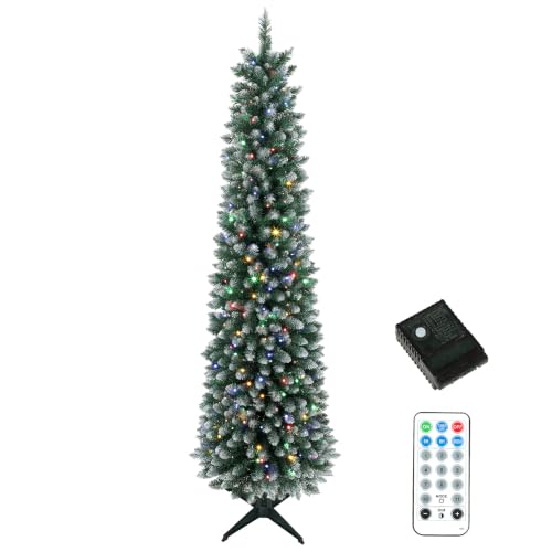 6ft Prelit Christmas Tree with Dual-Color Lights, Flocked Green-White, Narrow