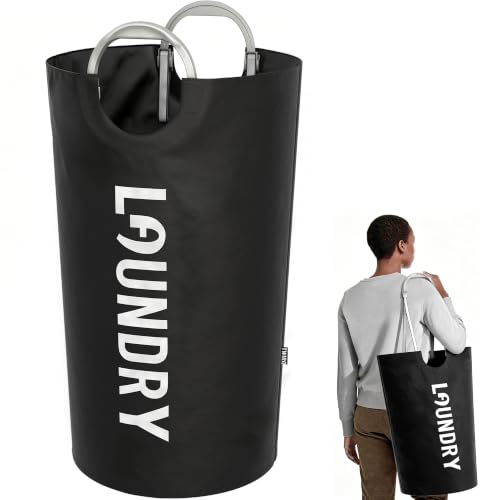 100L Laundry Basket with Adjustable Tech Handle, Large Foldable Hamper - Black