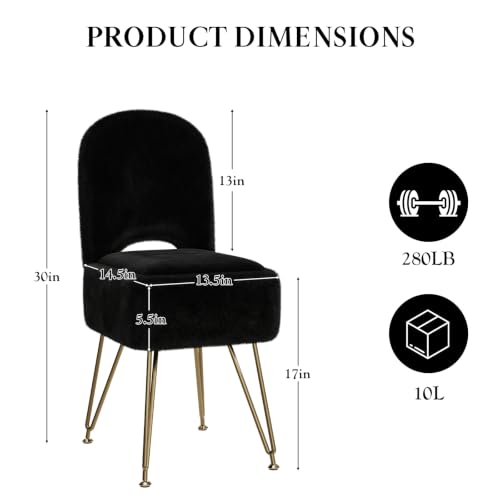 Black Faux Fur Vanity Chair with Storage and Foldable Backrest - 14.2"D x 13.2"W x 29.9"H