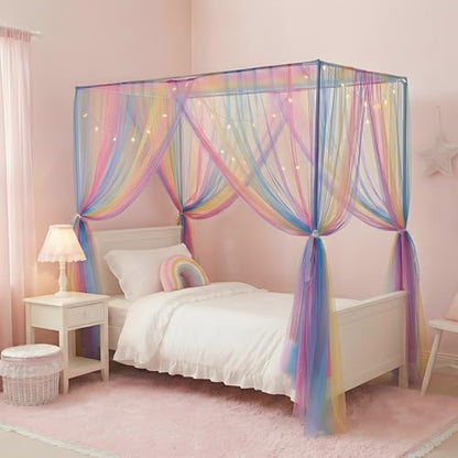 Rainbow Twin Bed Canopy with Light for Girls Kids Room Decor - Romantic Princess Style