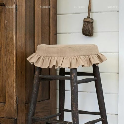 Farmhouse Linen Bar Stool Covers with Ruffles 12/14 Inch Camel - Set of 2