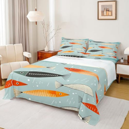 Grey-Blue Queen Size Fish Sheets Set - Colorful Nautical Bedding for Kids & Adults