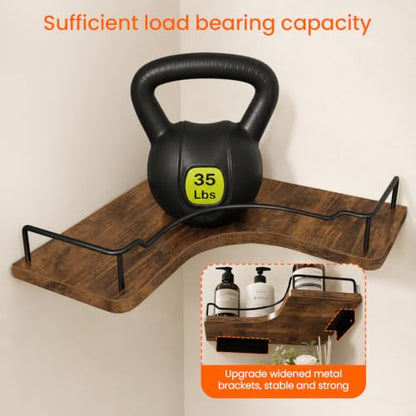 L-Shaped Corner Floating Wall Shelves Set of 3 Rustic Brown Wall Mounts with Guardrails