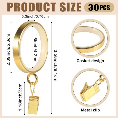 Luxury Gold Curtain Rings 2 Inch Diameter with Nylon Glide Inserts - Pack of 30