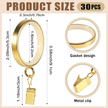 Luxury Gold Curtain Rings 2 Inch Diameter with Nylon Glide Inserts - Pack of 30